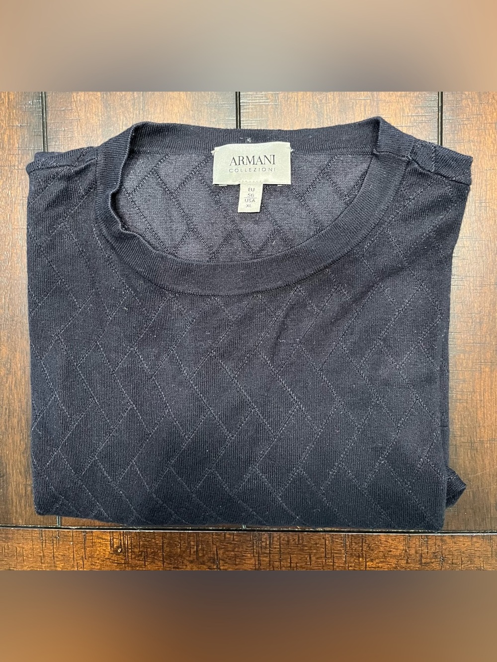 Armani Collezioni Men’s Navy Diamond-Textured Crewneck Sweater